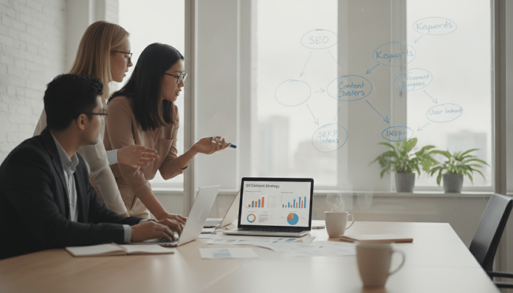 A vibrant office scene depicting a focused team collaborating on an organic search content strategy. In the foreground, a diverse group of three professionals—two women and one man—are seated around a modern conference table, reviewing documents and discussing ideas. One woman, in professional attire, writes on a whiteboard filled with charts and keywords. In the middle ground, a laptop displays a colorful infographic outlining content strategies, while a blurred coffee cup adds a touch of warmth. The background features large windows with natural light streaming in, creating an open and productive atmosphere. Soft, diffused lighting enhances the scene, evoking a mood of creativity and collaboration. The angle is slightly elevated, capturing the dynamism of teamwork without distractions.