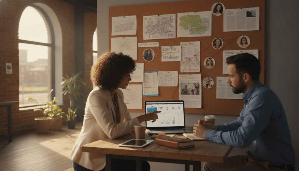 A vibrant workspace scene that showcases the essence of building authority through content and online communities. In the foreground, a diverse group of professionals (two people) engaged in a collaborative meeting, both dressed in smart casual attire. One is pointing at a laptop screen displaying digital marketing analytics, while the other takes notes on a notepad. In the middle ground, a large bulletin board covered with maps, charts, and pinned articles, representing various local communities. In the background, a warm, inviting ambient light filters through a large window, casting soft shadows that enhance the cozy yet professional atmosphere. The overall mood is dynamic and inspiring, emphasizing teamwork and the power of online connections in boosting SEO authority.