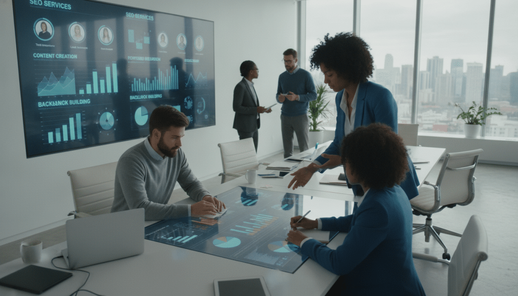 A visually engaging scene depicting a diverse group of professionals in a modern office setting, analyzing digital marketing data on laptops and interactive screens. In the foreground, a confident businesswoman in professional attire points to a detailed market analysis chart, while a colleague, a young man in smart casual wear, takes notes. In the middle ground, a large digital board displays various target client segments and market graphs, with prominently highlighted keywords related to SEO services. The background features a sleek office environment with large windows allowing natural light to flood in, casting soft shadows. The mood is focused and collaborative, with an air of determination as the team strategizes on SEO prospects and target markets for their agency. The perspective should be slightly elevated to capture the interaction and details of the workspace effectively.