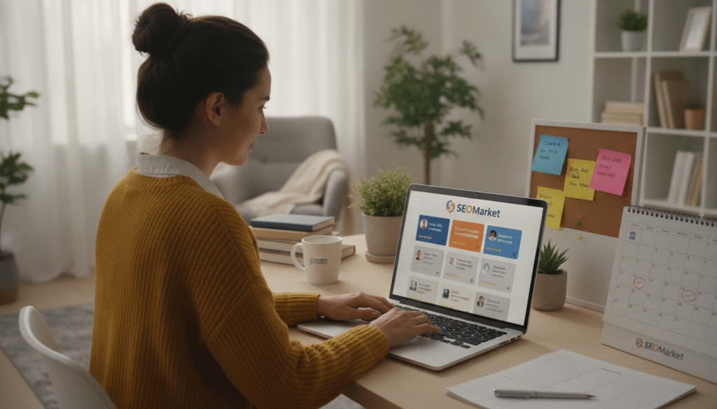 A visually engaging scene depicting freelance platforms for SEO clients. In the foreground, a laptop sits on a modern desk, showcasing a vibrant freelance platform interface with various projects and profiles. To the side, a focused individual, dressed in smart casual attire, is typing on the laptop, immersed in work. In the middle ground, colorful sticky notes and a calendar with deadlines symbolize organization and planning. The background features a serene home office setting with minimalistic décor, soft lighting filtering through a window, creating a warm and inviting atmosphere. The overall mood conveys professionalism and an aspirational lifestyle, emphasizing the journey of gaining SEO clients through freelancing. The image is framed in a clean, slightly elevated angle, highlighting the workspace environment effectively.