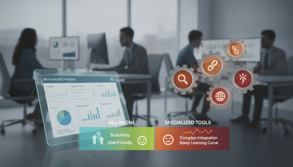 A visually striking comparison image depicting an "All-in-One SEO Platform" versus specialized SEO tools. In the foreground, a sleek digital dashboard outlines key features like analytics, keyword tracking, and reporting tools, set against a backdrop of various specialized gadget-like icons representing niche SEO tools. The middle layer displays a stylized infographic highlighting differences in features, such as user-friendliness and scalability, using vibrant colors to create a dynamic contrast. The background features a blurred office setting with employees in professional attire analyzing data on laptops, generating a collaborative work atmosphere. Soft, natural lighting enhances clarity and focus on the dashboard, with a slight angle from above for depth. The overall mood should be informative and professional, capturing the essence of modern technology in SEO.