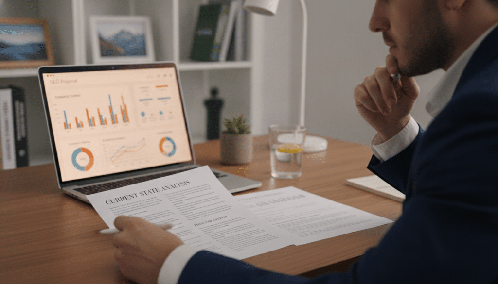 A well-designed SEO proposal document prominently displayed on a sleek, modern wooden desk. In the foreground, a professional in business attire attentively reviews the proposal, with a focused expression. The middle ground showcases an open laptop displaying analytical graphs and SEO metrics, under soft, warm lighting that enhances the inviting atmosphere. In the background, an organized workspace with elements like a potted plant, a glass of water, and business books, conveying professionalism and clarity. The overall mood is optimistic and inspiring, highlighting the value of clear communication and effective strategies in the SEO sales process. The composition is shot from a slight angle, utilizing a shallow depth of field to emphasize the proposal and the professional's engagement.