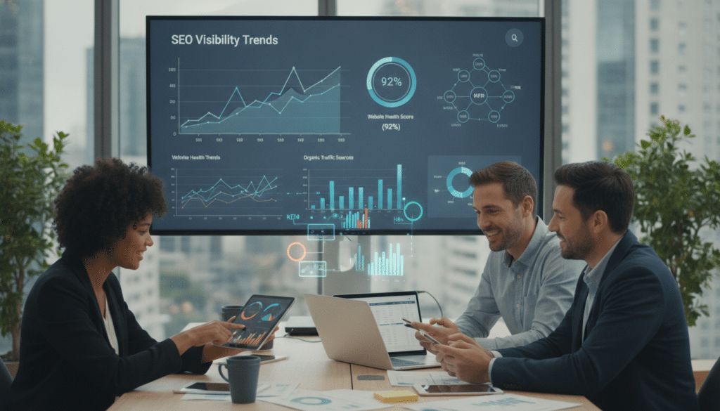 An analytical workspace featuring a large digital display showing SEO visibility metrics, website health stats, and backlink analysis graphs. In the foreground, a diverse team of three professionals dressed in smart casual attire examines data on laptops and tablets, showcasing collaboration. The middle ground includes various infographics, charts, and colorful data visualizations, symbolizing key performance indicators in SEO. In the background, a modern office environment with plants, glass walls, and natural light streaming in, creating an inviting atmosphere. Use soft, clear lighting to enhance focus on the displays, with a shallow depth of field to emphasize the team and their tools, creating a mood of productivity and insightfulness. The scene should convey a sense of urgency and importance in digital marketing.
