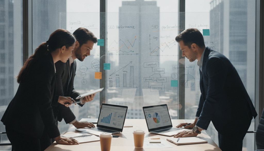A bright and modern office setting serves as the background, showcasing a large whiteboard filled with colorful graphs and charts related to SEO performance and competitor analysis. In the foreground, a diverse group of three professionals in business attire engages in a collaborative brainstorming session, pointing at the data while discussing strategies. The middle ground features a sleek conference table with laptops open, displaying analytical tools and reports. Soft natural lighting streams through large windows, creating an inviting atmosphere. The angle is slightly elevated, capturing both the focused expressions of the team and the detailed visuals on the whiteboard. The overall mood conveys a sense of teamwork, insight, and strategic planning, emphasizing the importance of visibility and opportunity analysis in SEO.