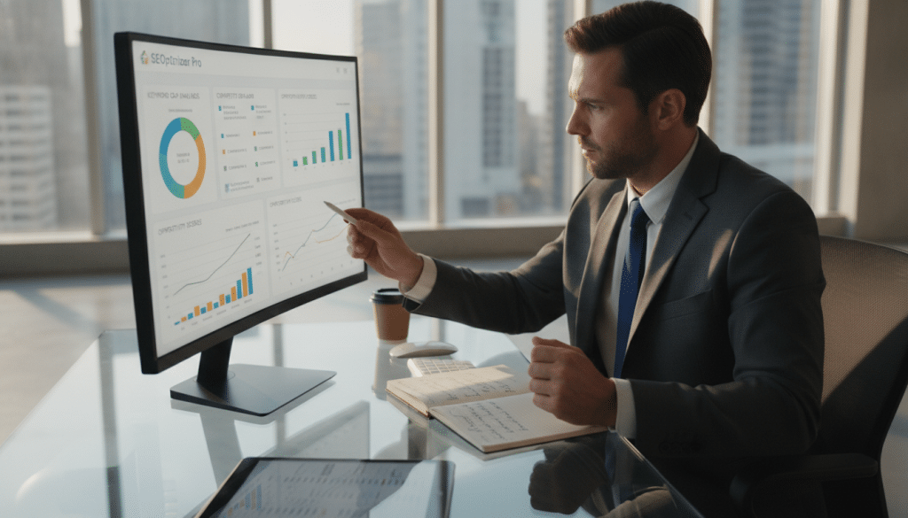 A business professional in a sharp suit, seated at a modern desk, examining a large digital screen displaying graphs and charts related to keyword gap analysis. In the foreground, the professional's focused expression conveys deep analytical thought, while their hand gestures emphasize key points on the screen. In the middle ground, various colorful charts illustrate keyword rankings and competitive insights, showcasing the data flow of SEO opportunities. The background features a sleek office environment with large windows filtering in natural light, casting a warm glow over the scene. The overall mood is one of determination and clarity, emphasizing the significance of data-driven decisions in SEO strategy.