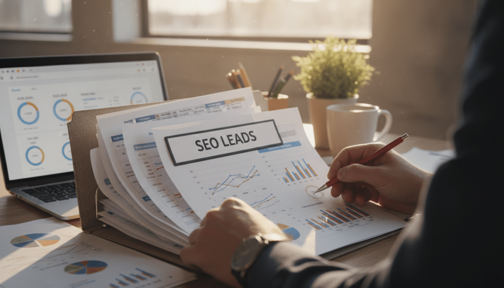 A cluttered office desk featuring a well-organized folder labeled "SEO Leads," overflowing with spreadsheets and documents filled with graphs and statistics highlighting dated sales leads. In the foreground, a pair of hands in professional attire sifts through the papers, demonstrating the process of validating evidence, while a laptop displays an SEO analytics dashboard with dated data. The middle ground showcases a potted plant and a mug with pens, creating a warm, inviting workspace atmosphere. In the background, soft sunlight streams through a window, casting gentle shadows and illuminating the materials, while maintaining a professional mood suitable for a business context. The image should have a clean, sharp focus to encourage clarity and engagement with the subject matter.