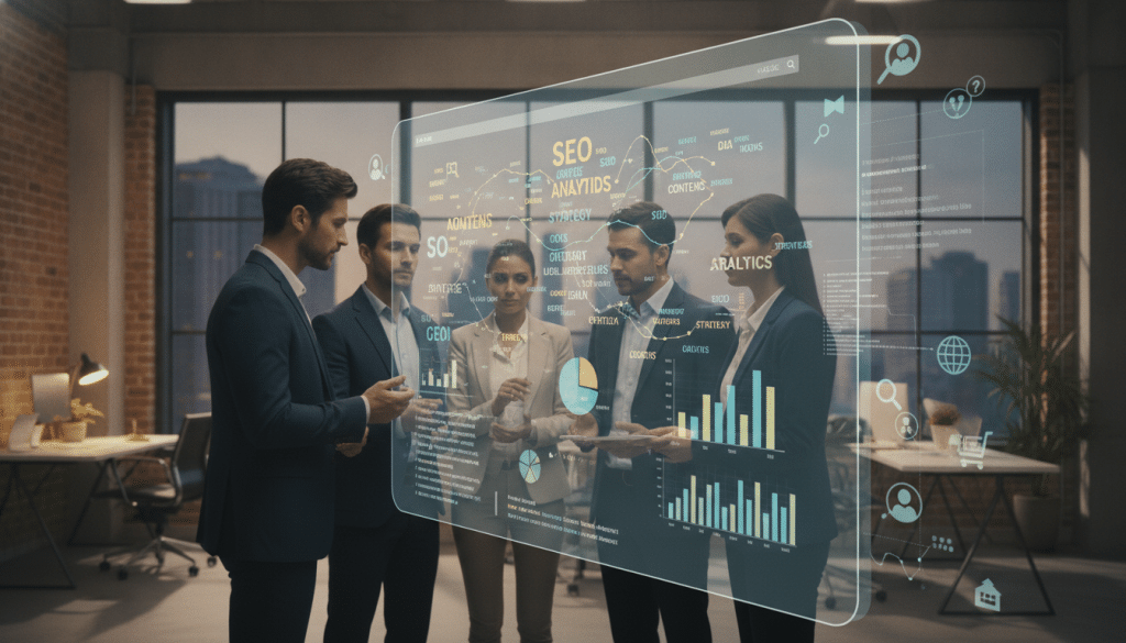 A conceptual illustration representing "Audience, Keywords, and Search Intent" in the realm of SEO. In the foreground, a diverse group of professionals, dressed in business attire, is engaged in a thoughtful discussion around a large digital screen displaying colorful charts and keyword lists. In the middle ground, a stylized representation of various search engine results pages and graphic elements symbolizing audience demographics, such as silhouettes or icons. The background features a modern office environment with soft lighting, reflecting a productive atmosphere. The composition should be balanced, focusing on the exchange of ideas, with a warm yet professional color palette to evoke a sense of collaboration and insight.