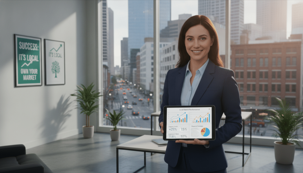 A confident business professional, dressed in smart business attire, stands in the foreground, holding a tablet displaying analytical graphs and local SEO metrics. The middle ground features a stylish modern office environment with motivational posters about success and growth. In the background, large windows reveal a vibrant local cityscape bustling with activity. Soft, natural light streams through the windows, casting warm highlights across the scene. The atmosphere is upbeat and focused, conveying a sense of professionalism and expertise in the local SEO market. Utilize a slightly elevated angle to emphasize the interaction with the tablet. Ensure the image feels engaging and inspiring, portraying a personalized approach to selling SEO services.