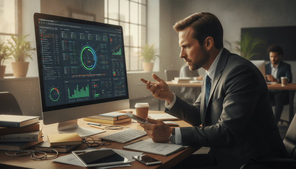 A detailed computer screen displaying the Screaming Frog SEO tool interface, showcasing a dynamic visualization of a technical SEO audit in progress, with graphs and metrics highlighting website performance. In the foreground, a professional in a business suit is intently analyzing the data, emphasizing focus and expertise. In the middle, a cluttered desk filled with SEO books, digital devices, and notes reflects a busy workspace. The background features a sleek office environment with large windows allowing natural light to fill the room, creating an inviting atmosphere. Soft shadows and a warm color palette convey a sense of professionalism and diligence in the technical SEO audit process. The image captures the essence of high-level digital marketing analysis.