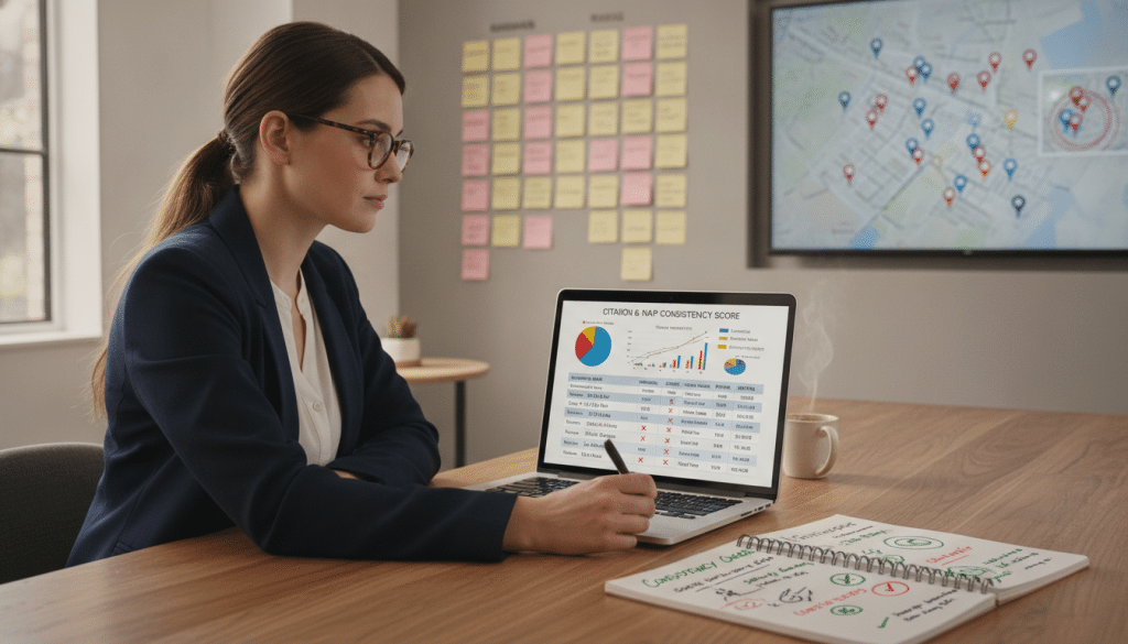 A digital workspace showcasing a detailed analysis of local SEO citation consistency for businesses. In the foreground, a laptop displays an analytical dashboard with graphs and charts illustrating citation and NAP (Name, Address, Phone) consistency issues. Next to the laptop, a notepad filled with handwritten notes and checkmarks. In the middle, a professional Caucasian woman in business attire, focused and taking notes, sits at a desk with a pen in hand. The background features a wall with post-it notes organized by different businesses and a digital map with location markers. The lighting is bright and inviting, resembling a well-lit office environment. The atmosphere is one of focused productivity and diligent research.
