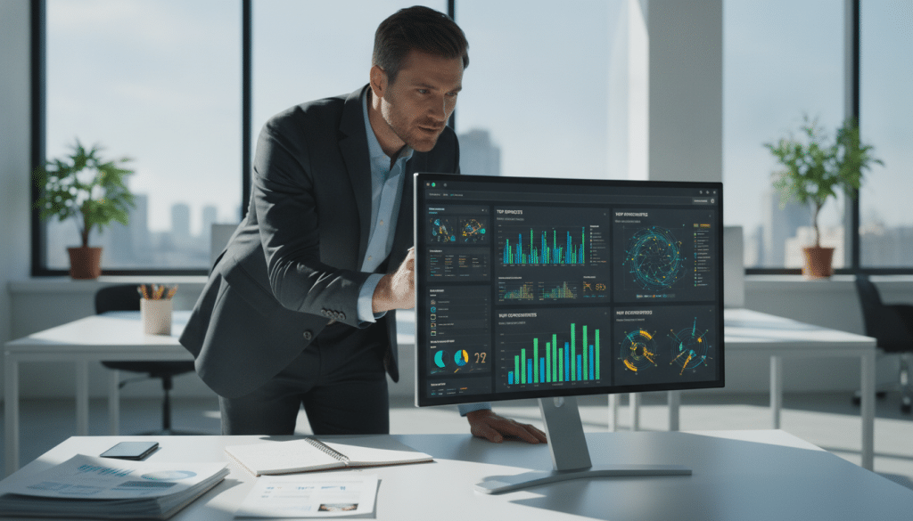 A digital workspace showcasing an automated SEO prospecting tool in action. In the foreground, a sleek computer monitor displays colorful graphs and analytics related to prospect discovery, with vibrant data visualizations of potential leads. A professional individual in business attire analyzes the data, their focused expression conveying determination and insight. In the middle ground, an organized desk is filled with documents, notes, and a smartphone, illustrating the dual approach of manual insight and automated tech. In the background, a bright, modern office space with large windows allows natural light to pour in, creating a productive atmosphere. The mood is dynamic and forward-thinking, emphasizing innovation and precision in the realm of SEO prospecting.