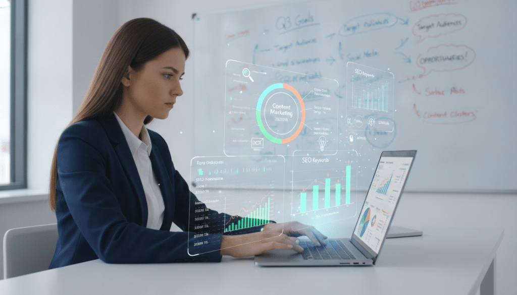 A dynamic digital workspace showcasing keyword research opportunities. In the foreground, a professional female analyst, dressed in smart business attire, studies data on a laptop, her expression focused and engaged. In the middle ground, an array of colorful graphs and charts display keyword search volumes and trends, with visual elements representing analytics tools and software. In the background, a large whiteboard is filled with handwritten notes and brainstorming ideas related to SEO strategies. The lighting is bright and neutral, creating a productive atmosphere, while the angle captures both the analyst and her research environment. The overall mood is one of inspiration and professionalism, evoking the excitement of discovering new opportunities through keyword research.