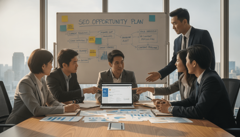 A dynamic office setting illustrating the concept of an SEO opportunity plan and search visibility. In the foreground, a diverse group of professionals in smart business attire collaborate around a large table filled with colorful graphs, charts, and a laptop displaying search ranking metrics. In the middle, a whiteboard with detailed metrics and strategic plans outlined, with sticky notes highlighting ideas for enhancement. The background features large windows letting in natural light, creating an optimistic atmosphere. Soft sunlight casts gentle shadows, enhancing the focus on the teamwork and innovation. The mood is collaborative and forward-thinking, emphasizing opportunity and growth in digital marketing.