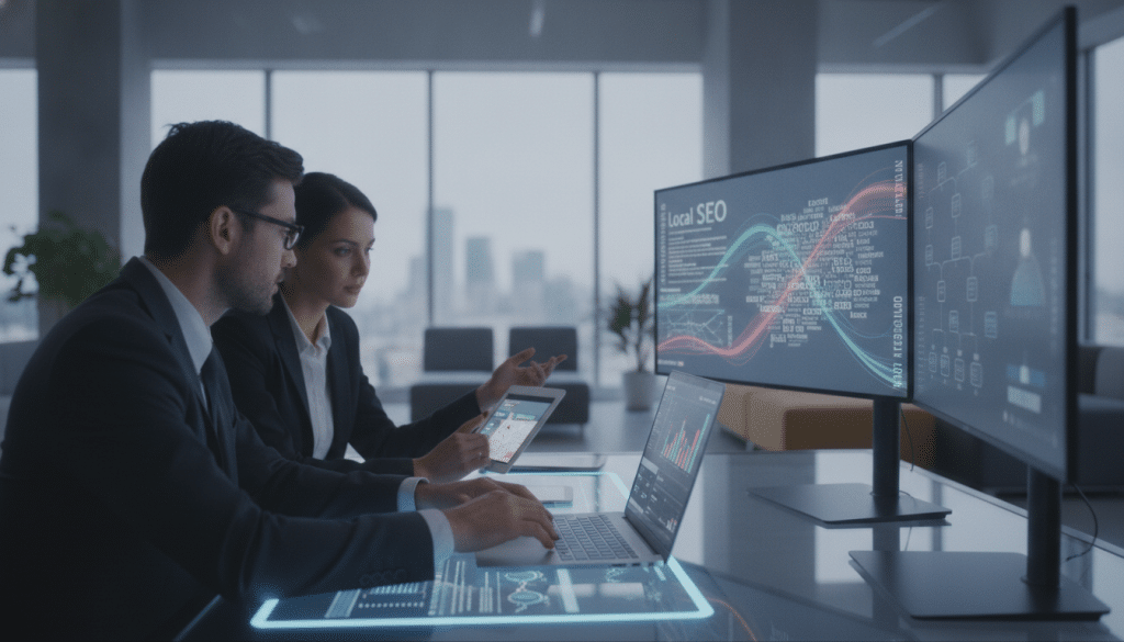 A dynamic office workspace filled with sleek technology tools and software interfaces showcasing SEO prospecting features. In the foreground, a diverse group of three professionals in smart business attire are engaged around a high-tech table, analyzing data on a laptop and tablet. The middle ground features large monitors displaying colorful graphs, keyword research tools, and workflow diagrams. The background includes a modern office environment with large windows letting in soft, natural light, creating a bright and inviting atmosphere. A sense of collaboration and innovation is emphasized, with the use of a shallow depth of field to focus on the group while softly blurring the background elements. The overall mood is energetic and productive, reflecting the essence of effective agency workflows in SEO.