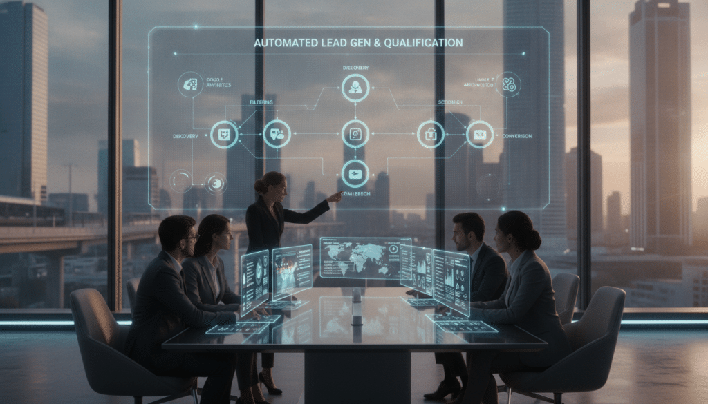 A futuristic office environment showcasing automated SEO prospecting and qualification. In the foreground, a diverse team of professionals dressed in smart business attire collaborates around a sleek, high-tech workstation, equipped with screens displaying data analytics and graphs related to SEO metrics. In the middle, a large digital board features a visual flowchart highlighting the steps of finding qualified leads, complemented by glowing icons representing various digital platforms. The background contains a modern city skyline visible through large windows, bathed in warm daylight, suggesting innovation and opportunity. The atmosphere is dynamic and focused, conveying a sense of collaboration and advanced technology in the realm of digital marketing.