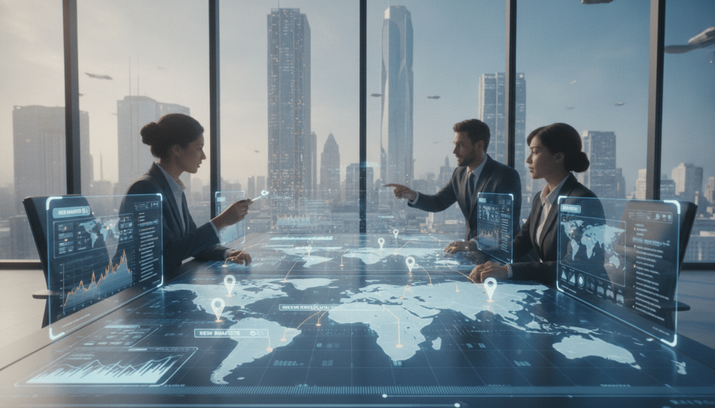 A futuristic office environment showcasing automated business discovery. In the foreground, a diverse group of professionals in smart business attire analyze digital screens displaying dynamic charts and maps with search results highlighted. In the middle, a sleek digital interface overlays real-world maps, pinpointing business locations and insights, with glowing data streams connecting various points of interest. The background features a modern cityscape through large glass windows, bathed in soft natural light illuminating the workspace. The overall atmosphere is one of innovation and efficiency, evoking a sense of progress in technology-driven business strategies. The perspective is slightly elevated, capturing the interaction between the team and the technology, emphasizing collaboration in a cutting-edge business environment.