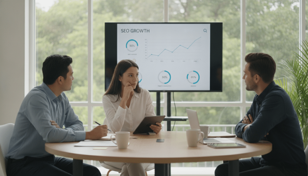 A modern SEO sales meeting taking place in a bright, well-lit conference room. In the foreground, a diverse group of three professionals in smart business attire—two men and one woman—are engaged in active listening. Their expressions show genuine interest, with the woman leaning slightly forward, nodding, and taking notes on a tablet. In the middle, a large screen displays key SEO metrics and a graph, emphasizing a collaborative atmosphere. The background features a large window with natural light streaming in, lush greenery visible outside, creating a fresh, positive mood. The setting is inviting, showcasing a round table with laptops and coffee cups, and the camera angle is slightly above eye level, capturing the interaction and engagement among the participants. The overall tone is professional yet approachable, reflecting a meaningful dialogue in a business context.