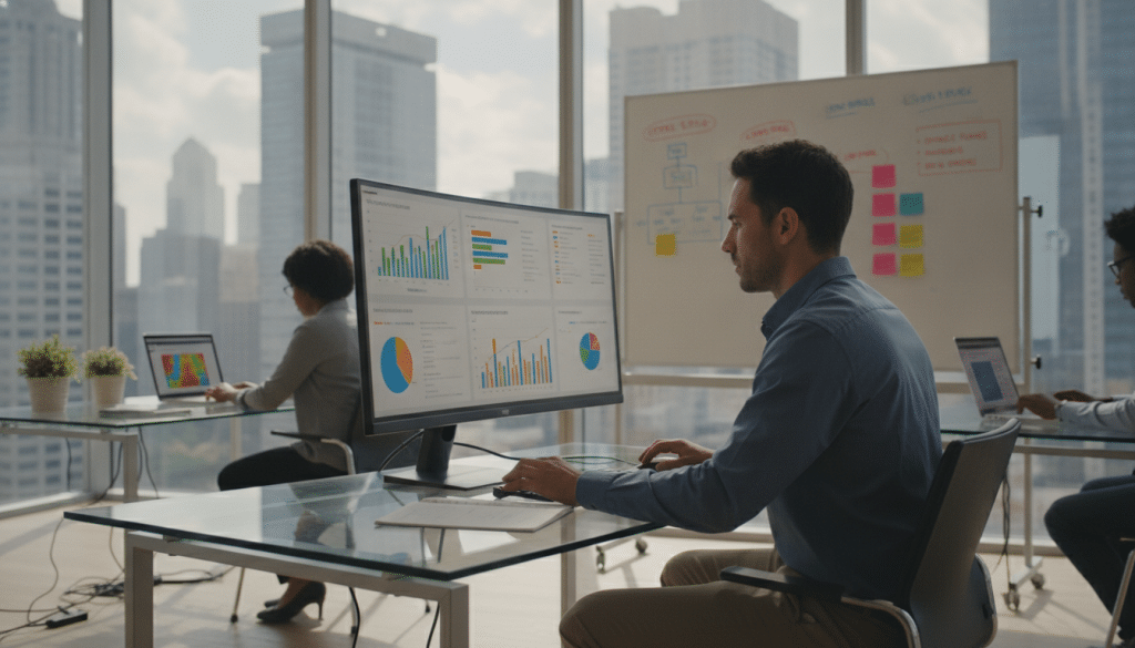A modern digital workspace featuring a professional analyzing website behavior analytics on multiple screens. In the foreground, a focused individual in business attire reviews colorful graphs and data on a sleek monitor, displaying metrics like conversion rates and user engagement. In the middle, glass desks hold laptops and digital devices, surrounded by charts pinned to a whiteboard with post-it notes highlighting key insights. The background includes large windows that offer a view of a cityscape, providing natural lighting that enhances the workspace atmosphere. The mood is one of productivity and innovation, emphasizing the importance of data-driven decision-making for online success. The image should be well-lit, with a slight depth of field to draw attention to the central figure and their screens.