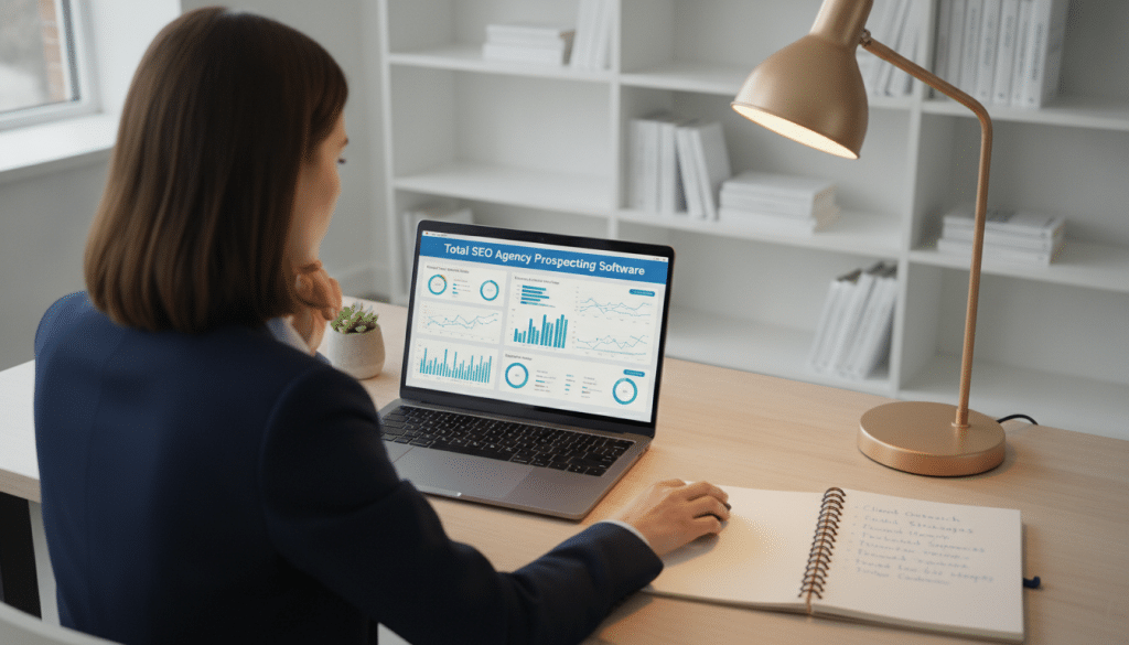 A modern digital workspace showcasing "Total SEO agency prospecting software." In the foreground, a sleek laptop displays an interactive dashboard filled with graphs and analytics, symbolizing automated prospecting capabilities. Beside it, a notepad with notes on client outreach strategies. In the middle, a professional individual in business attire, focused on the screen, analyzing data trends. In the background, soft-focus shelves filled with books on digital marketing, creating an atmosphere of expertise. The lighting is bright and inviting, with a warm glow from a desk lamp, emphasizing a productive work environment. The perspective is slightly elevated, giving a clear overview of the workspace, evoking a mood of innovation and efficiency in SEO practices.