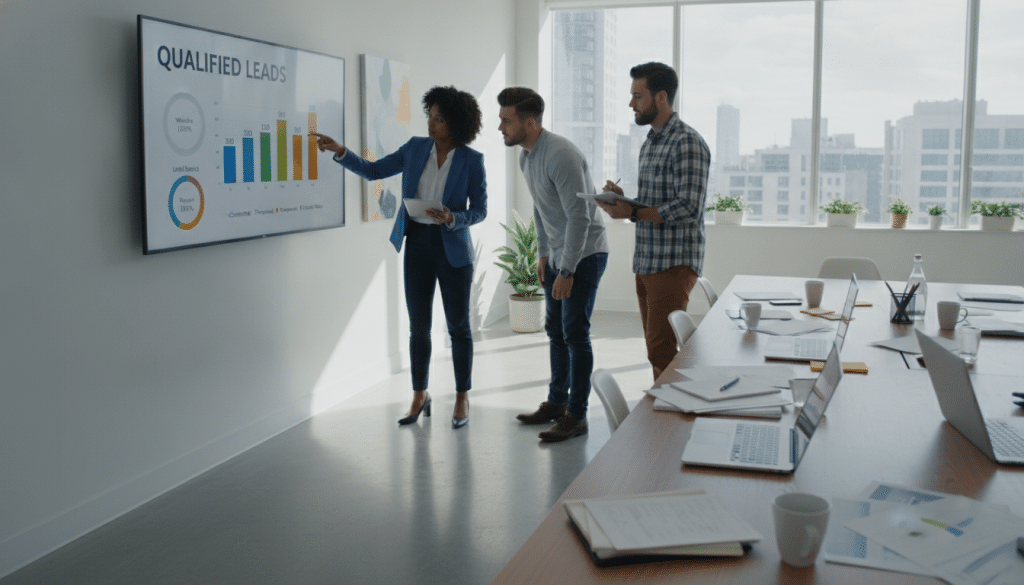 A modern office environment depicting a digital dashboard screen showcasing "Qualified Leads" in a CRM software interface. In the foreground, a diverse group of three professionals, dressed in smart casual attire, are engaged in discussion with focused expressions. The middle ground features a large table with laptops, notepads, and documents reflecting data analysis. The background includes an elegant office space with large windows allowing natural light to stream in, casting soft shadows. The mood is dynamic and collaborative, emphasizing teamwork and strategic planning. Use wide-angle lens perspective for a sense of depth, with bright, balanced lighting that highlights the vibrant colors of the workspace.