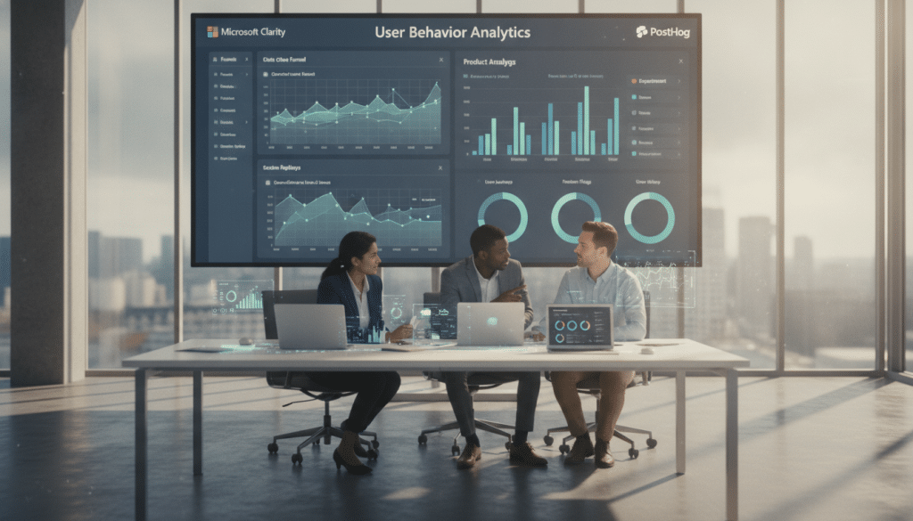 A modern office environment showcasing a large digital screen displaying user behavior analytics from Microsoft Clarity and PostHog. In the foreground, a diverse team of three professionals in business attire—two men and one woman—are engaged in a discussion, pointing at graphs and heat maps on the screen. In the middle, a sleek workstation with laptops and smart devices is visible, with analytical charts, colorful graphs, and metrics illuminating the workspace. The background features large windows with sunlight streaming in, casting a warm glow across the scene, creating an atmosphere of focus and collaboration. The lighting is bright and inviting, emphasizing a productive ambiance, with a wide-angle view capturing the essence of teamwork and technology in action.