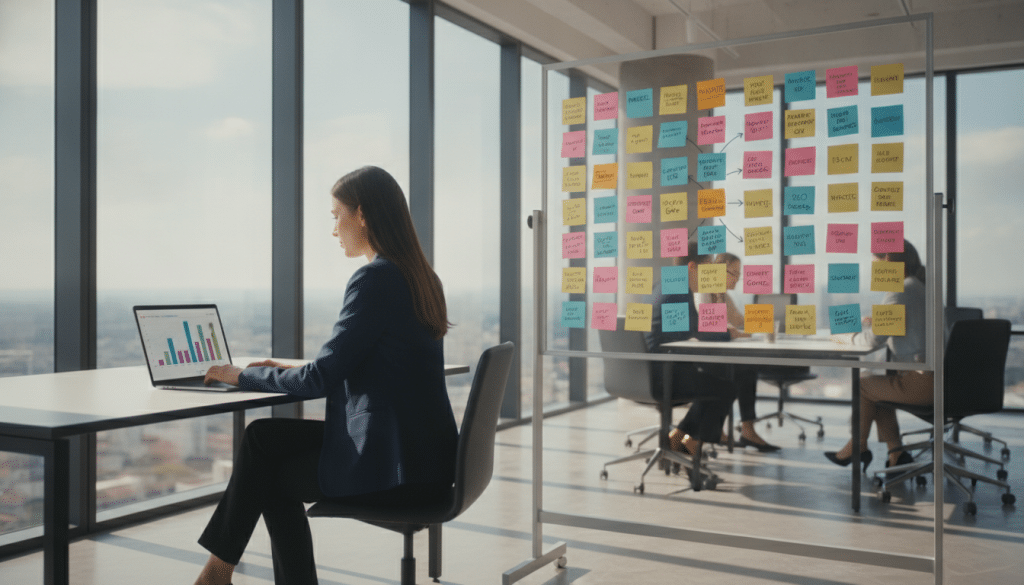 A modern office environment with a large glass window revealing a city skyline as the backdrop. In the foreground, a professional businesswoman, dressed in smart attire, is focused on analyzing data on a laptop, with colorful bar graphs and flowcharts displayed on the screen. There is a large whiteboard beside her covered in sticky notes highlighting keywords and content ideas, illustrating a brainstorming session. Soft, natural lighting filters in from the window, creating a bright and motivational atmosphere. The mood is one of intense focus and collaboration, emphasizing the importance of prioritizing missing keywords and content opportunities in SEO strategy.