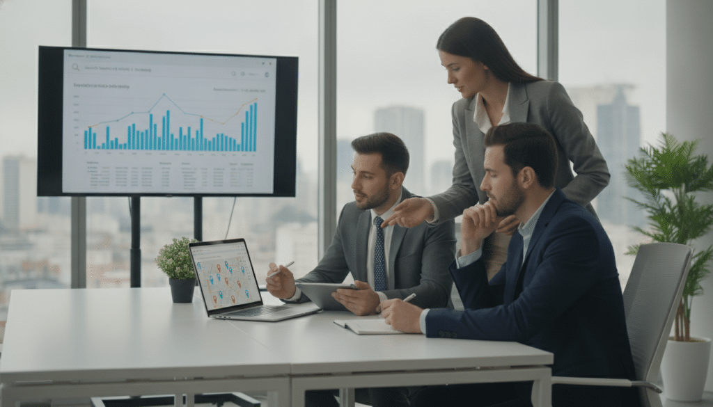 A modern office environment with a sleek workspace in the foreground. A diverse group of three professionals, two men and one woman, are engaged in a discussion over a laptop displaying a map with local business markers and search results. The woman, dressed in smart casual attire, points to the screen, while the men, in professional suits, take notes and nod in agreement. In the middle ground, a large digital display shows a colorful graph indicating search visibility metrics, adding a dynamic element to the scene. The background features large windows that let in natural light, creating a warm, inviting atmosphere. The overall mood is focused and collaborative, reflecting the analytical nature of evaluating local SEO visibility.