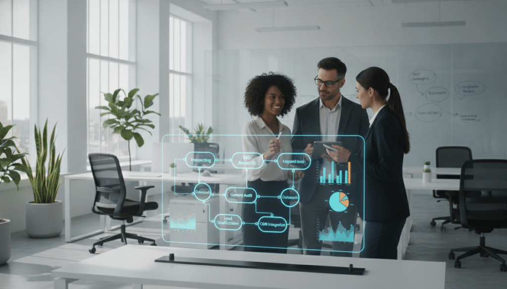 A modern office scene showcasing a built-in CRM workflow for SEO prospecting. In the foreground, a diverse group of three professionals in business attire is engaged in a discussion around a high-tech digital screen displaying colorful graphs, analytics, and a clear workflow chart connecting SEO prospects to customer relationship management. In the middle ground, a contemporary office with sleek furniture, a large window letting in natural light, and potted plants creates a lively atmosphere. In the background, a whiteboard with brainstorming notes and ideas adds depth to the scene. The lighting is bright and well-distributed, enhancing focus on the professionals and their collaborative efforts, embodying a productive and motivating environment.