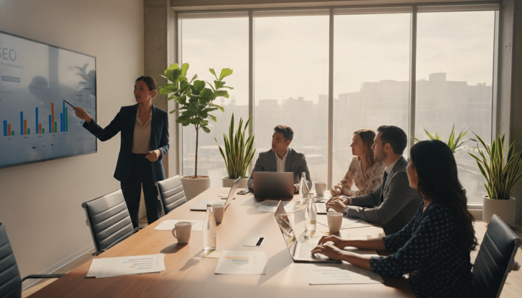 A modern office setting featuring a diverse group of professionals engaged in a strategic meeting. In the foreground, a well-dressed woman points to a digital screen displaying colorful graphs and data related to SEO strategies. The middle section showcases a large conference table scattered with paper proposals, laptops, and coffee cups, creating a collaborative atmosphere. In the background, large windows let in natural light, illuminating the room with a warm glow, while plants add a touch of freshness. The mood is focused and energetic, reflecting the importance of creating a persuasive SEO proposal. Shot with a wide-angle lens to capture the space's depth and composition, highlighting teamwork and professionalism.