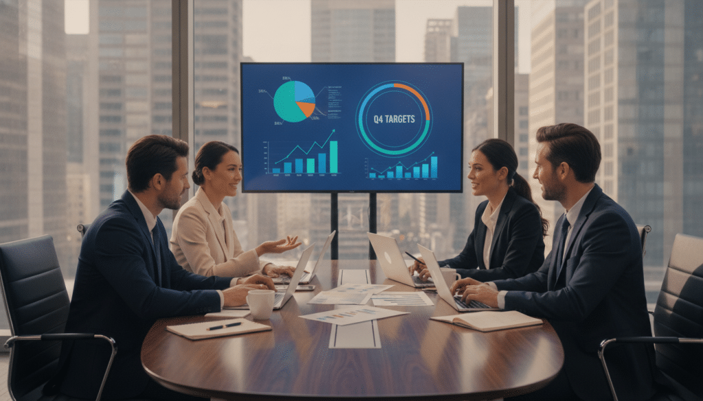 A modern office setting illustrating business goals and sales priorities. In the foreground, a diverse group of four professionals—two men and two women—dressed in smart business attire, engaged in a discussion around a sleek conference table filled with charts and digital devices. The middle ground features a large screen displaying vibrant graphs and metrics, symbolizing success measures and objectives. In the background, large windows with city views allow natural light to illuminate the room, creating an energetic and focused atmosphere. The mood is one of collaboration and ambition, with a subtle emphasis on teamwork and strategic planning. The angle captures both the individuals and the visual data, enhancing the message of growth and sales focus without any text or distractions.