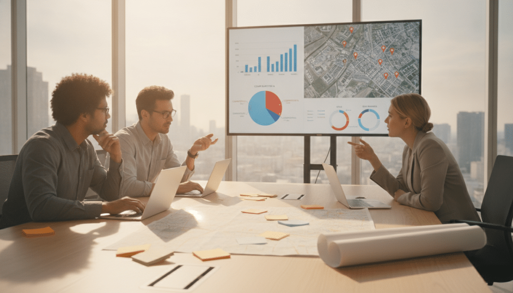 A modern office setting with a diverse group of three professionals, two men and one woman, gathering around a large table cluttered with laptops, local maps, and bright-colored sticky notes. The foreground features the professionals engaged in a discussion, their expressions focused as they analyze data and competitor metrics displayed on a screen behind them. In the middle ground, the large screen shows graphs and maps of local businesses identified as competitors. The background features cityscape windows with sunlight streaming in, creating a vibrant atmosphere. Use a wide-angle lens effect to capture the dynamic teamwork spirit. The lighting should be bright and uplifting, evoking a sense of collaboration and determination in the competitive local SEO landscape.