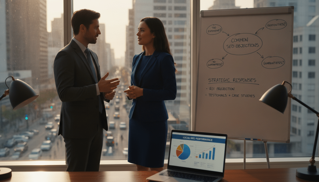 A modern office setting with two business professionals in discussion, one a male in a smart suit and the other a female in a professional dress, both engaged in a constructive conversation. In the foreground, a laptop is open with charts and graphs visible, symbolizing local SEO data analysis. In the middle ground, a whiteboard displays colorful diagrams illustrating common SEO objections and strategic responses. The background features a large window with natural light streaming in, highlighting a bustling cityscape outside. The mood is collaborative and focused, with warm lighting to enhance a sense of productivity and professionalism. The composition is balanced, shot from a slightly elevated angle to capture the interaction between the two professionals effectively.