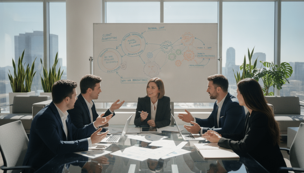 A modern office space featuring a diverse group of professionals engaged in a dynamic brainstorming session about referral partnership channels. In the foreground, a mixed-gender team in professional attire, animatedly discussing ideas around a sleek, glass conference table with laptops and documents. In the middle, a large whiteboard filled with colorful diagrams and flowcharts symbolizing networking connections and referral strategies. The background showcases a bright, well-lit office with large windows allowing natural light to flood in, plant decor for a fresh ambiance, and stylish furniture that emphasizes a collaborative environment. The mood is energetic and focused, highlighting teamwork and strategy. The angle captures both the group interaction and the whiteboard content, ensuring clarity and vibrancy in the image.