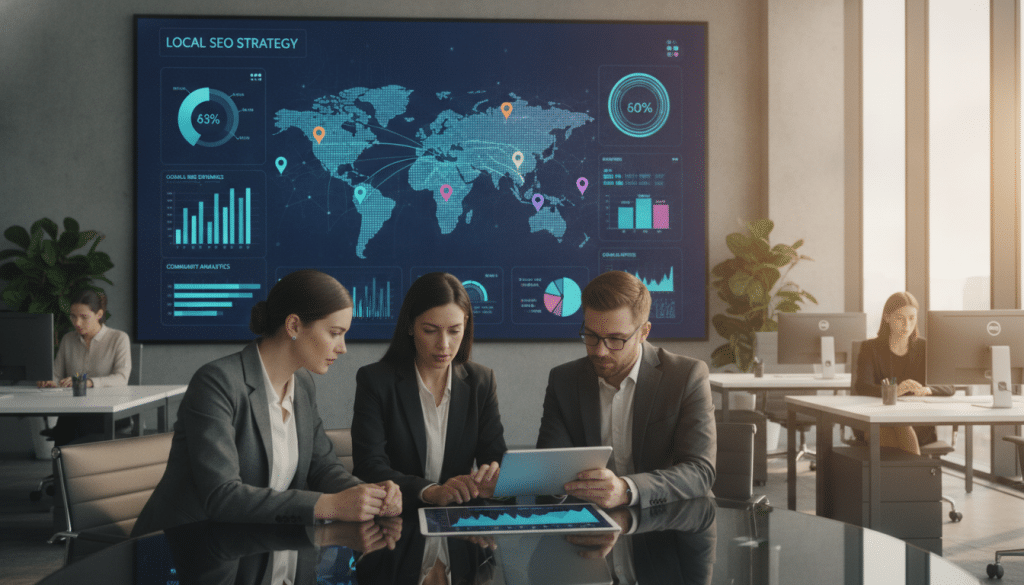 A modern office space with a large digital screen displaying a colorful interactive map filled with location markers and data analytics graphs. In the foreground, a diverse group of three professionals, dressed in smart business attire, collaboratively analyzing the map on a tablet. The middle layer features the digital screen showing vibrant data visuals and highlighted local area stats. The background includes subtle office details such as desks with computers and potted plants, illuminated by warm, natural light from large windows. The mood is focused and engaging, emphasizing teamwork and innovation in local SEO strategies for businesses. Capture this scene from a slightly elevated angle to provide depth and context to the analysis.