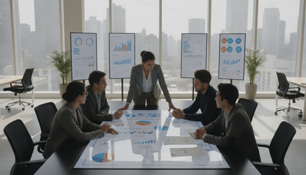 A modern office workspace featuring digital screens displaying SEO analytics, graphs, and CRM workflows. In the foreground, a diverse team of professionals in smart casual clothing collaborates around a conference table, analyzing data and discussing strategies. The middle ground includes an array of colorful charts and flow diagrams on a digital tablet and printed documents, emphasizing the concept of qualification evidence. The background showcases a well-lit office environment with large windows allowing natural light to flood in, creating a bright and inspiring atmosphere. The mood is collaborative and focused, with a sense of innovation and progress in the air. Capture this scene from a slightly elevated angle to provide a comprehensive view of the teamwork and technology involved in SEO CRM processes.