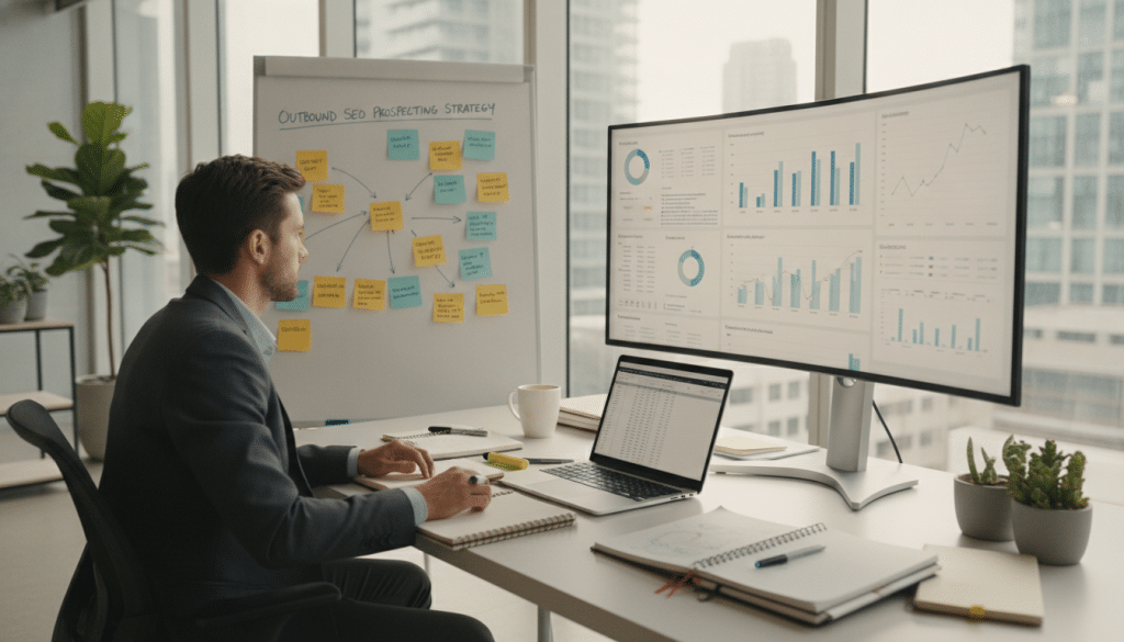 A modern office workspace with a professional-looking individual in business attire, focused on a large screen displaying graphs and SEO-related data. In the foreground, a sleek laptop and notebooks with strategic planning notes scattered around. In the middle ground, the individual is engaged in brainstorming, surrounded by colorful post-it notes on a whiteboard illustrating ideas for an outbound SEO prospecting strategy. The background features a bright, well-lit atmosphere with large windows allowing natural light to flood the space and plants for a touch of freshness. The angle captures the scene from a slightly elevated perspective, conveying a sense of organization and motivation, while the overall mood is one of determination and strategic thinking.