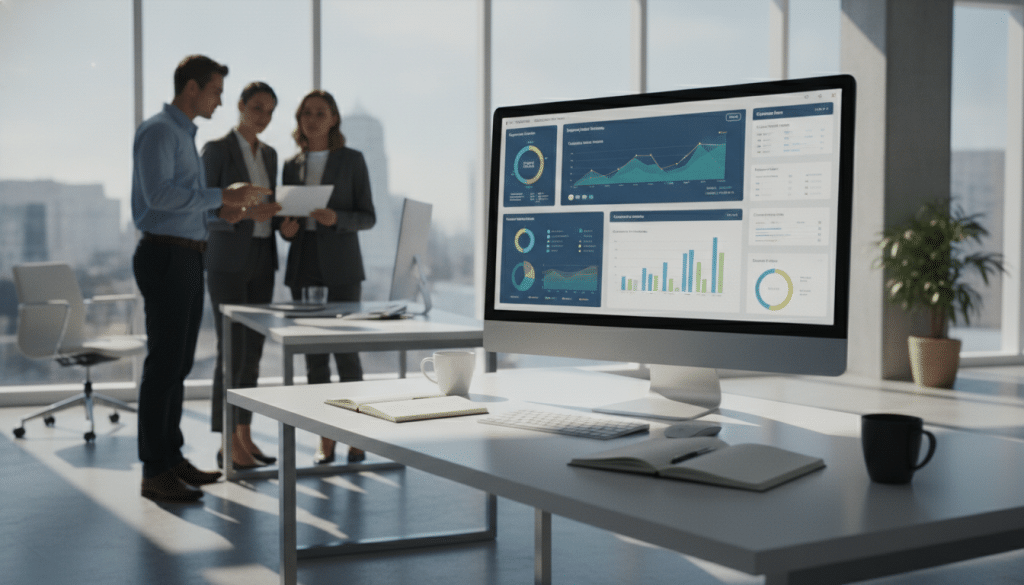 A modern, sleek digital workspace showcasing SEO reporting and client dashboards. In the foreground, a computer screen displays an interactive dashboard with colorful graphs, charts, and data analytics metrics, highlighting website traffic and keyword performance. To the left, a professional team, dressed in business attire, focuses intently on the screen, discussing the insights. The middle ground features a stylish desk equipped with notebooks and cups of coffee, fostering a productive atmosphere. In the background, large windows let in bright, natural light, illuminating the space and creating a fresh, optimistic mood. Soft shadows cast by modern office furniture add depth, while a blurred cityscape hints at a dynamic business environment outside.