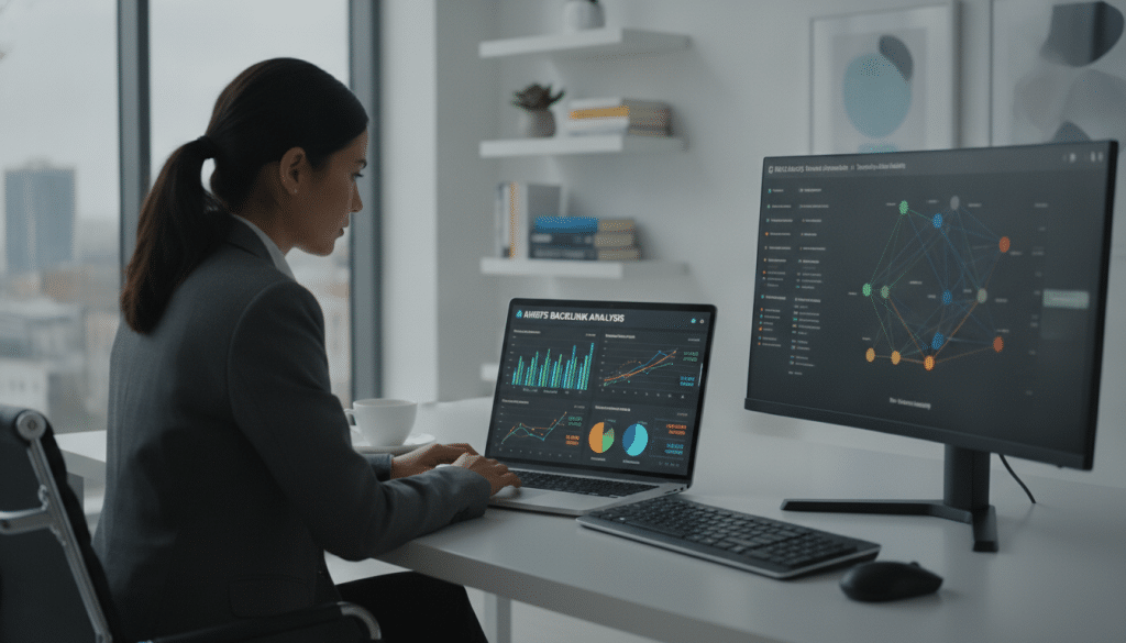 A modern, sleek office environment showcasing a professional analyst at a desk, examining a laptop screen displaying vibrant graphs and data points from Ahrefs backlink analysis. In the foreground, the analyst, dressed in smart business attire, focuses intently on the screen. The middle ground features a large monitor alongside the laptop, with colorful visualizations of backlinks, domains, and competitive metrics. The background reveals a well-organized workspace, with SEO books and a plant for a touch of greenery. Soft, natural lighting streams through a window, creating a productive atmosphere. The overall mood is one of concentration and professionalism, emphasizing the importance of data-driven decision-making in SEO.