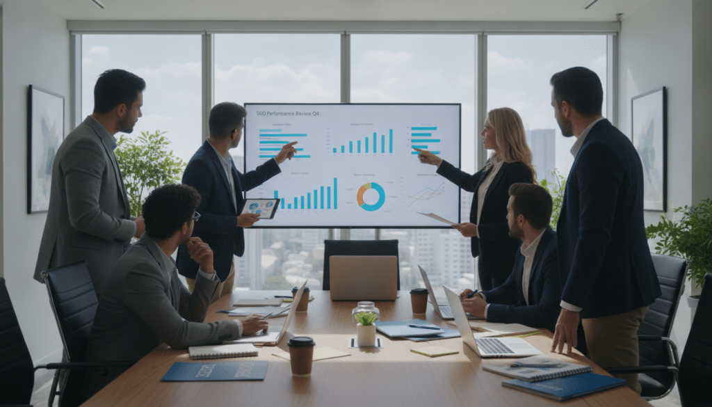 A professional and engaging visual SEO evidence presentation scene. In the foreground, a diverse group of business professionals in smart casual attire are attentively gathered around a large digital screen displaying colorful graphs and analytics. The middle ground features a well-organized conference table with laptops, notepads, and marketing materials laid out neatly, emphasizing the importance of an effective strategy. In the background, a modern office setting with floor-to-ceiling windows allows soft, natural light to illuminate the room, creating a bright and inviting atmosphere. The angle should capture the collaboration and focus of the team, conveying a sense of professionalism and insight without overwhelming visual clutter. The overall mood is inspirational and encouraging, reflecting a constructive approach to SEO discussions.