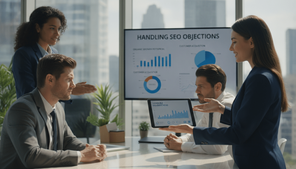 A professional business meeting scene depicting a diverse group of professionals engaged in a discussion, focused on handling SEO sales objections. In the foreground, a confident woman in a smart blazer is presenting data on a tablet to a skeptical man in a suit, emphasizing clarity and honesty. The middle ground features charts and graphs displayed on a screen, highlighting the SEO opportunity. In the background, a modern office setting with large windows letting in natural light creates an inviting atmosphere. The lighting is bright and warm, enhancing the sense of collaboration and understanding. The composition emphasizes communication, with friendly facial expressions and open body language, conveying a mood of professionalism and hopefulness.