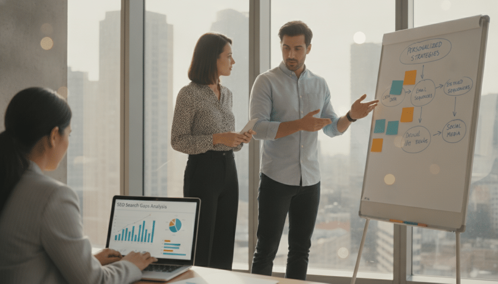 A professional business scene depicting a diverse group of individuals collaborating in a modern office environment. In the foreground, a woman in a smart business outfit is analyzing data on a laptop, showcasing metrics and graphs that highlight search gaps in SEO. In the middle ground, a man in a casual yet professional shirt is discussing strategies with a colleague, pointing at a whiteboard filled with colorful notes and diagrams that illustrate personalized outreach strategies. The background features tall windows allowing natural light to fill the space, creating an inviting atmosphere. The mood is dynamic and focused, evoking a sense of teamwork and innovation in digital marketing. Use soft lighting with a slight bokeh effect to emphasize the subjects and enhance the visual depth.
