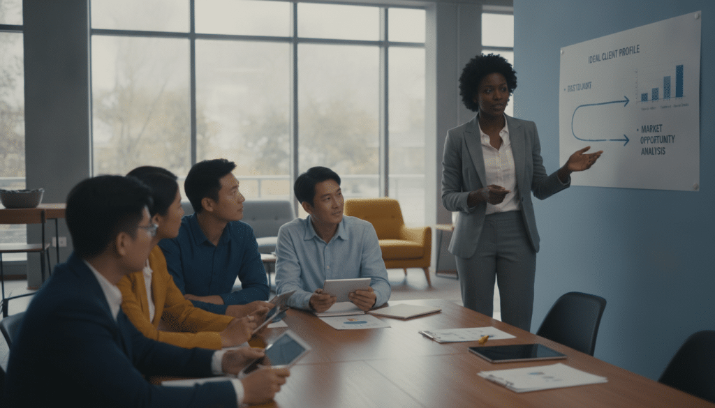 A professional business setting featuring a diverse group of individuals engaged in a brainstorming session around a large conference table. In the foreground, a confident woman of African descent in professional attire points to a chart displaying an ideal client profile and market opportunity analysis, her expression focused and enthusiastic. In the middle, men and women of varying ethnicities are studying notes and digital tablets, showing collaboration and interest. The background reveals large windows with natural light flooding the room, enhancing a modern office atmosphere. Soft shadows and a warm color palette create an inviting yet professional mood, symbolizing teamwork and strategic planning. The camera angle is slightly elevated, capturing the energy and dynamism of the discussion.