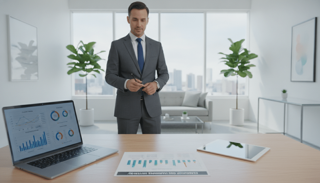 A professional business setting showcasing an executive summary for an SEO proposal. In the foreground, a sleek, modern desk adorned with a neatly arranged executive summary document characterized by clean designs and graphs. To the side, a laptop with glowing screen reflecting analytic data, and a tablet displaying keyword analysis. The middle ground features a well-dressed businessperson, wearing a tailored suit with a confident expression, reviewing the summary. The background captures a bright, contemporary office space with large windows letting in natural light, minimalistic decor, and potted plants for a fresh look. The overall mood is focused and determined, with a sense of success and professionalism in the air.