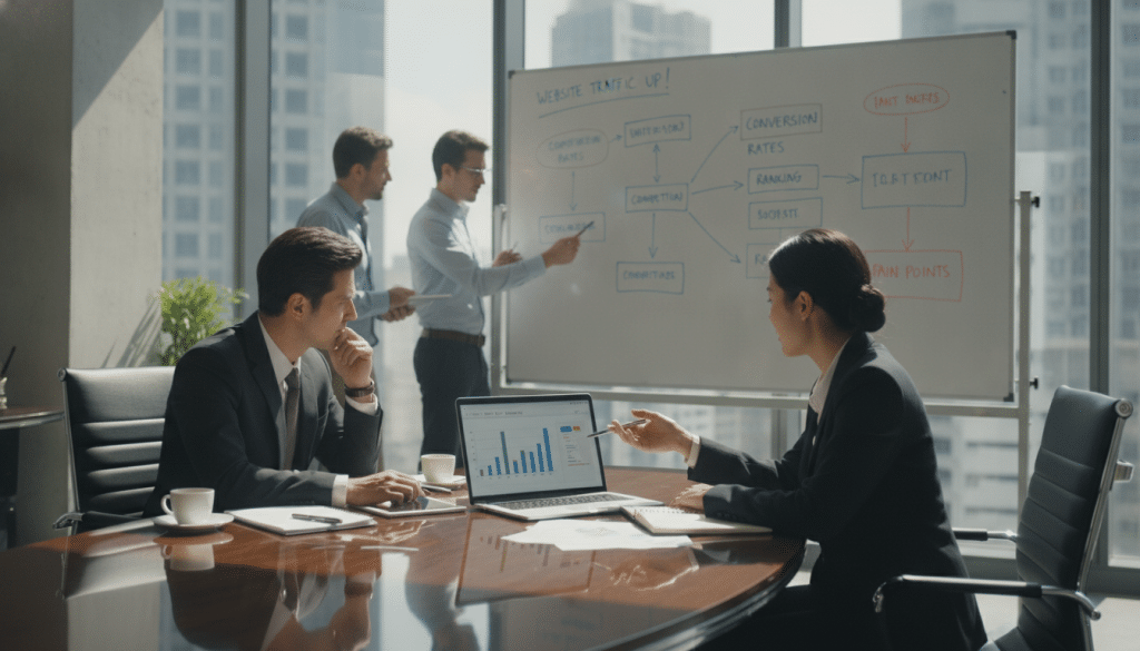 A professional business setting where a diverse group of individuals engage in a collaborative SEO sales conversation. In the foreground, two professionals in smart business attire, a man and a woman, are seated at a sleek conference table, discussing a presentation displayed on a laptop. The middle ground features a large whiteboard with colorful diagrams highlighting business goals and pain points, such as increased website traffic, conversion rates, and competition. In the background, a modern office with floor-to-ceiling windows allows natural light to pour in, creating a bright, optimistic atmosphere. The mood is focused and collaborative, emphasizing the importance of understanding the client’s needs in a sophisticated, professional environment.