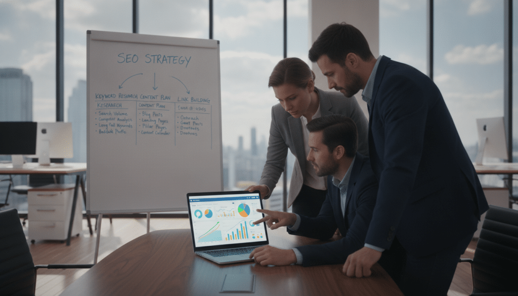 A professional office environment featuring a large conference table with an open laptop displaying a colorful SEO dashboard filled with graphs and charts. In the foreground, a diverse group of business professionals, wearing smart attire, are engaged in a discussion, leaning over the laptop while pointing at the screen. In the middle ground, a whiteboard is filled with notes and strategic points outlining SEO deliverables such as keyword research, content strategy, and link-building plans. The background includes a modern office space with large windows allowing natural light to illuminate the room, casting soft shadows. The overall mood is collaborative and focused, highlighting the transformation of SEO findings into actionable solutions. The composition is shot from a slightly elevated angle to provide a clear view of the interaction and workspace details.