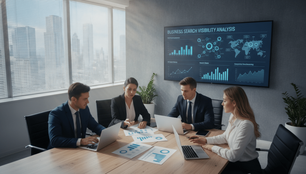 A professional office environment focusing on business search visibility analysis. In the foreground, a diverse group of four professionals, dressed in smart business attire, are gathered around a large conference table, engaged in discussion with laptops and charts displaying analytics. In the middle, a large digital screen shows graphs and data visualizations related to organic search metrics, strategically placed to convey the importance of business context and market dynamics. The background features a modern office skyline through large windows, with natural light streaming in, creating a bright, optimistic atmosphere. Use a slight bird’s-eye perspective to capture the collaborative energy, highlighting the urgency and focus on data analysis. The overall mood should evoke professionalism, partnership, and insight.