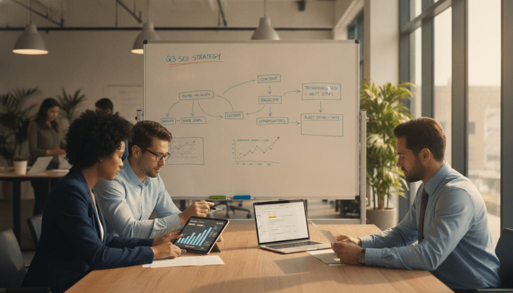 A professional office setting showcasing a focused SEO audit in progress. In the foreground, a diverse team of three professionals, dressed in smart business attire, analyze digital reports on laptops and tablets, displaying graphs and SEO metrics. In the middle ground, a large whiteboard filled with colorful charts and strategic notes about SEO tactics. The background features a modern workspace with plants and soft lighting, reinforcing a collaborative atmosphere. Use a warm color palette to convey a sense of motivation and focus, with natural light streaming in through large windows. The image should capture a feeling of professionalism and expertise, emphasizing the importance of demonstrating value through detailed audits.