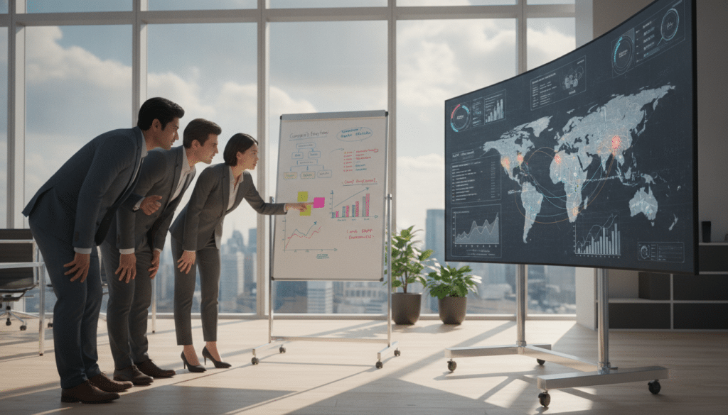 A professional office space showcasing a digital marketing analysis environment. In the foreground, a diverse group of three business professionals in smart attire, intensely reviewing a large digital display that highlights SEO analytics graphs and maps. In the middle ground, an elegant whiteboard filled with colorful charts and competitor keyword research notes. The background depicts a modern office with large windows, allowing soft, natural light to illuminate the scene, casting gentle shadows. The atmosphere is focused and collaborative, conveying a sense of determination and insight. Use a slightly elevated angle to capture the dynamics of teamwork and the importance of visibility in both organic search results and map listings in digital marketing.
