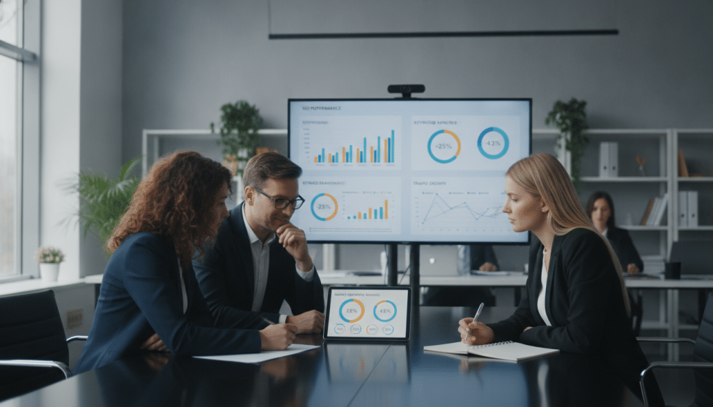 A professional workspace depicting an "agency opportunity analysis" scenario. In the foreground, a diverse group of three people in professional business attire—two women and one man—are gathered around a sleek conference table, examining colorful charts and graphs on a digital tablet. In the middle, a large screen displays an analytical dashboard with SEO metrics and progress indicators, highlighting key data points. The background features modern office decor, including large windows with soft natural lighting streaming in, creating a bright and focused atmosphere. The angle captures a dynamic and collaborative moment, evoking a sense of purpose and engagement in strategizing SEO opportunities for growth.