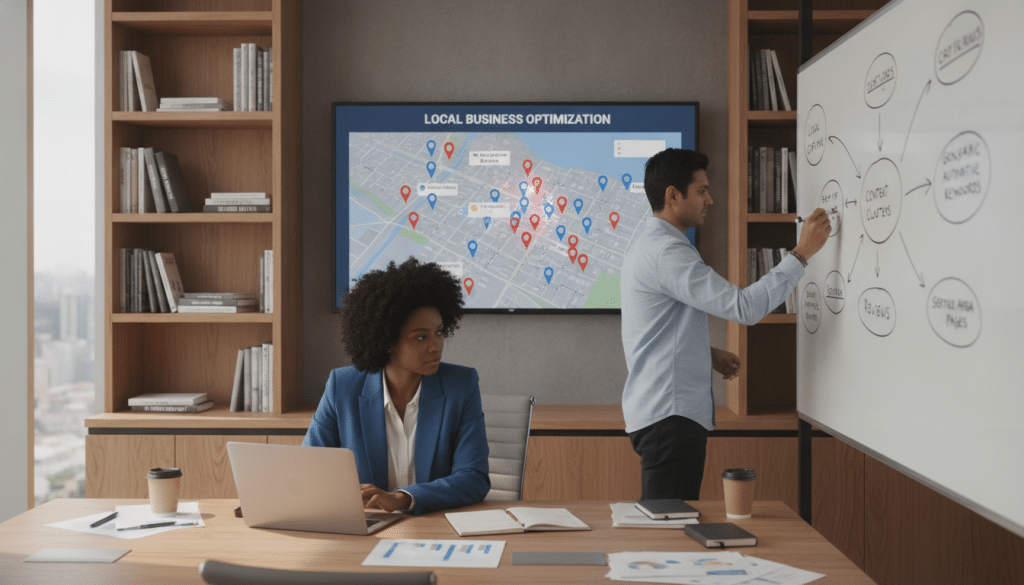 A professional workspace featuring a diverse group of individuals collaborating on a local SEO strategy. In the foreground, a woman in business attire is analyzing data on a laptop, while a man in a smart casual shirt sketches ideas on a whiteboard filled with keywords and local search terms. In the middle ground, a large digital map showcases pins marking local businesses. The background displays shelves filled with books on digital marketing and content strategy. Soft, natural lighting from large windows creates a bright atmosphere, enhancing focus and creativity. The angle is slightly elevated, capturing an inviting sense of teamwork while conveying the importance of creating content that aligns with local search intent.